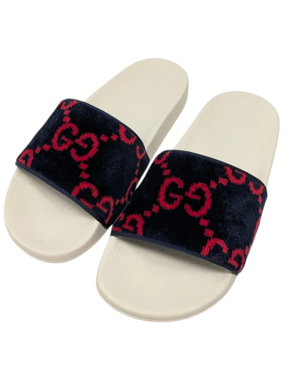 Gucci Navy/Red Monogram Terry Cloth Velvet Slide Sandals Size EU 38